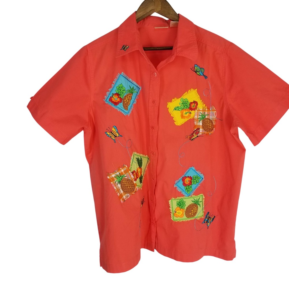 Bobbie Brooks Woman Orange Tropical Pineapple‎ Butterfly Shirt 18W/20W Dopamine